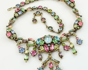 Vintage Hollycraft Pastel Rhinestone Necklace Earring Set,1955 Hollycraft Articulated Necklace,Hollycraft Girandole Necklace,Vintage Jewelry