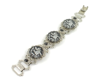 Vintage Pagoda Scene Bracelet, Mid Century Reverse Molded Intaglio Japan Scene Bracelet,  Bookchain Glass Intaglio Bracelet, Vintage Jewelry