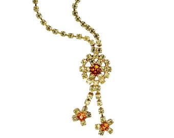 Yellow and Root Beer Daisy Rhinestone Long Drop Necklace circa 1950 - Vintage Lariat Necklace - Estate Costume Jewelry