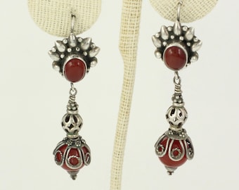 Vintage Sterling Carnelian Dangle Earrings, Vintage 925 Silver Carnelian Drop Earrings, 1970s 925 Sterling Agate Earrings, Vintage Jewelry