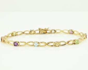 Vintage Sterling Vermeil Multi Gem Bracelet, 1980s 925 Garnet Topaz Amethyst Citrine Peridot Bracelet, Infinity Bracelet, Vintage Jewelry