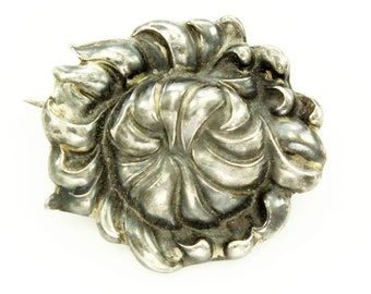 Unger Brothers Sterling Silver Floral Brooch - Antique Repousse Antique Peony Flower Pin - Unger Bros American Art Nouveau Jewelry