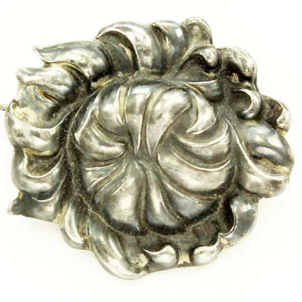 Unger Brothers Sterling Silver Floral Brooch - Antique Repousse Antique Peony Flower Pin - Unger Bros American Art Nouveau Jewelry