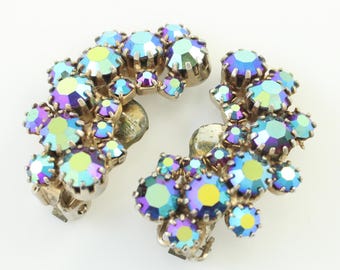 Vintage Blue Aurora Borealis Rhinestone Earrings, 1960s Peacock Blue Rhinestone Ear Climbers, Blue Rhinestone Comma ClipOns, Vintage Jewelry
