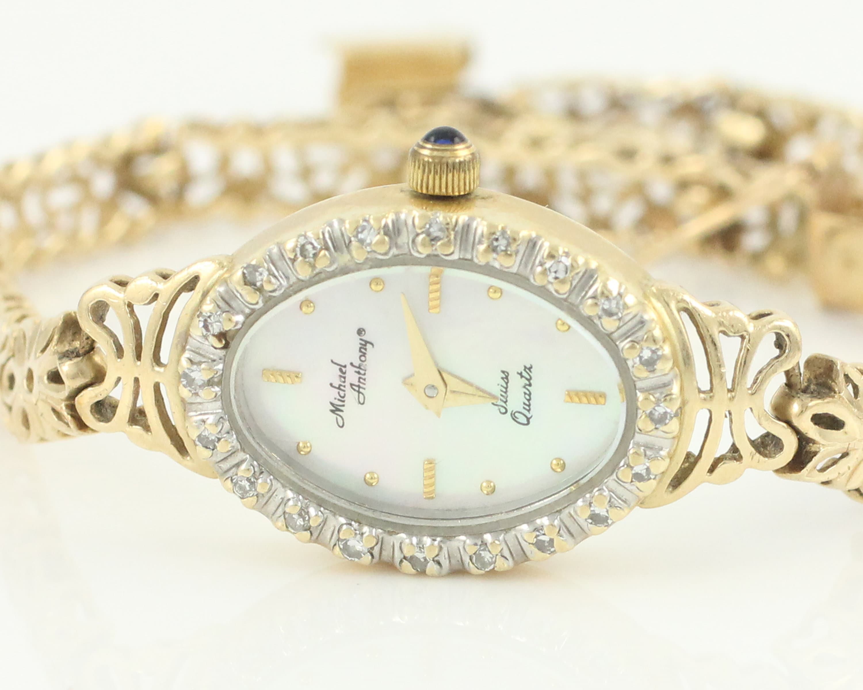 Vintage 14K Diamond Mother Of Pearl Wrist Watch Ladies 14K Diamond Michael Anthony Diamond Watch 7 1 4 14K Gold Watch Vintage Jewelry