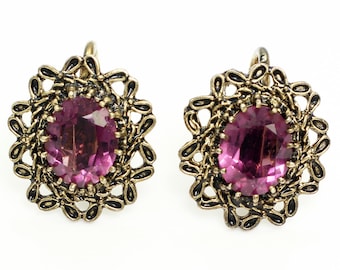 Vintage Antique Gold Finished Sterling Earrings with Purple Stones - Screw Back Ear Bobs - Estate Jewelry