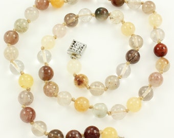 Vintage Quartz Agate Multi Colored Stone Bead Necklace, Rutilated Tourmalated Rock Crystal Quartz Carnelian Round Beads, Vintage Jewelry