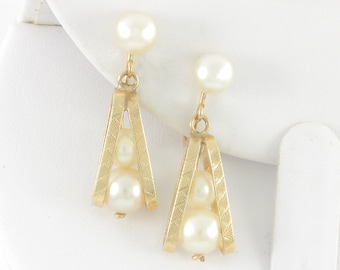 Vintage Akoya Cultured Pearl Dangle Earring, Vintage 14K Pearl Drop Earrings, Mid Century Modern 14K Pearl Dangle Earrings, Vintage Jewelry