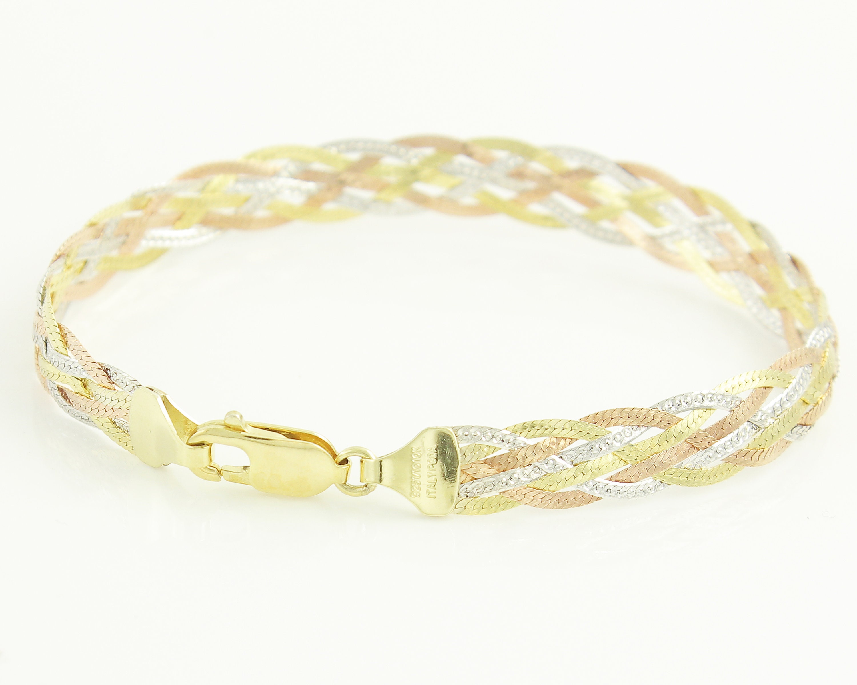 Sterling 10K Gold Filled Braided Herringbone Bracelet 1980s Tri Color Silver Rose Yellow Gold