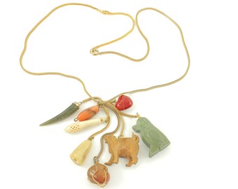 Vintage Vogue Amulet Tassel Necklace, Vogue Jade Cattle Bone Horn Glass Stone Charm Necklace, 1970s Signed Vogue Necklace, Vintage Jewelry