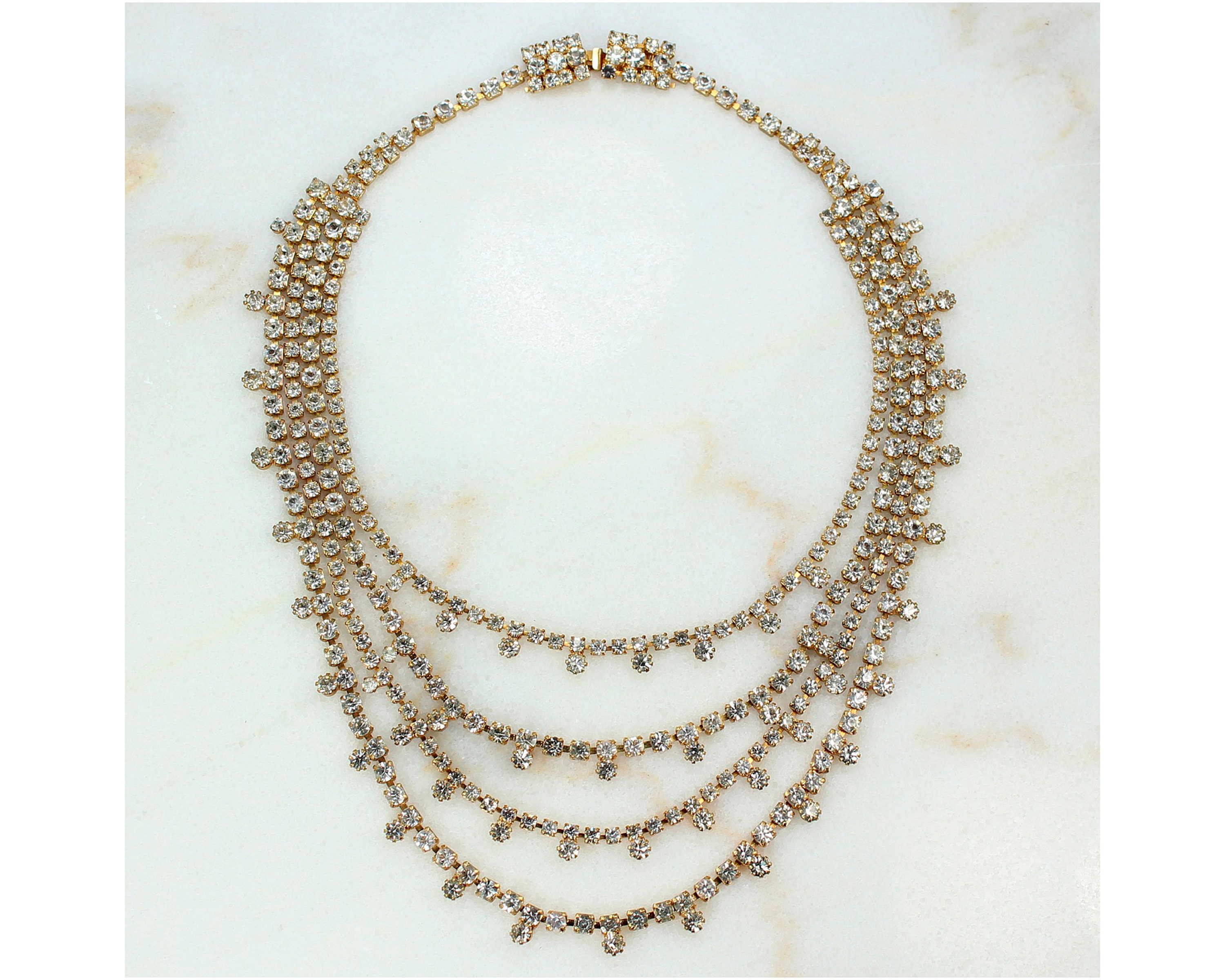 Vintage Rhinestone Torsade Necklace, 1960s Four Strand Rhinestone