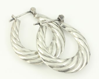 Vintage Sterling Silver Shrimp Hoop Earrings, 925 Silver Puffed Twist Hoops, 1980s Shrimp Hoop Earrings, 80s Sterling Hoops, Vintage Jewelry
