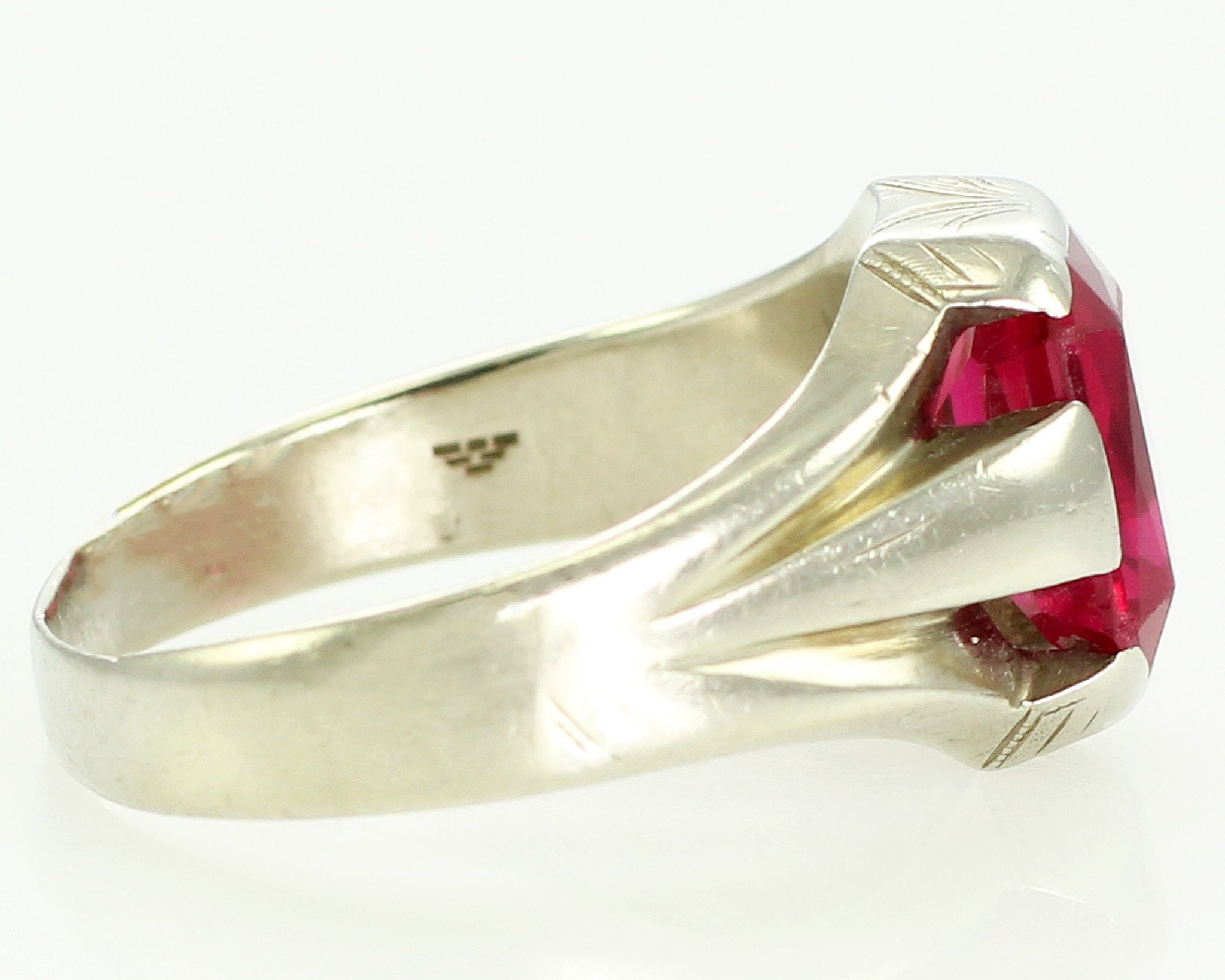 Mans Art Deco Created Ruby Ring Vintage 10K White Gold Gents Fine Jewelry