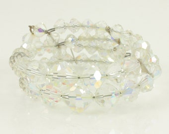 Vintage Aurora Borealis Crystal Coil Bracelet, 1960s Memory Wire Aurora Borealis Glass Bead Cuff, Crustal Wedding Bracelet, Vintage Jewelry