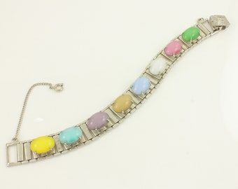 Vintage Sarah Coventry Party Pastels Bracelet, Sarah Coventry Silver Tone Pastel Moonstone Glass Cabochon Bracelet, 1960s Vintage Jewelry