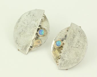 Vintage 14K Sterling Silver Opal Earrings, Modernist 925 Sterling Silver 14K Gold Opal Earrings, Artisan Earrings by SDPB, Vintage Jewelry