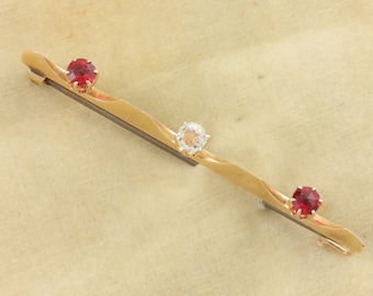 Vintage Gold Ruby White Sapphire Bar Pin, July Birthstone Brooch, Art Deco Solid 14K Ruby Pin, 14K Gold Created Ruby Brooch, Vintage Jewelry