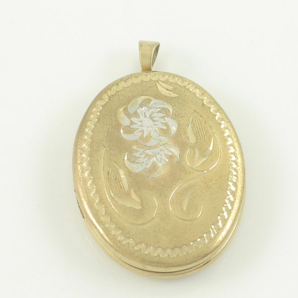 Vintage 14K GF Oval Locket, 14K White Yellow Gold Fill Locket Pendant, Vintage Engraved Flower Oval Locket, Vintage Jewelry, Estate Jewelry