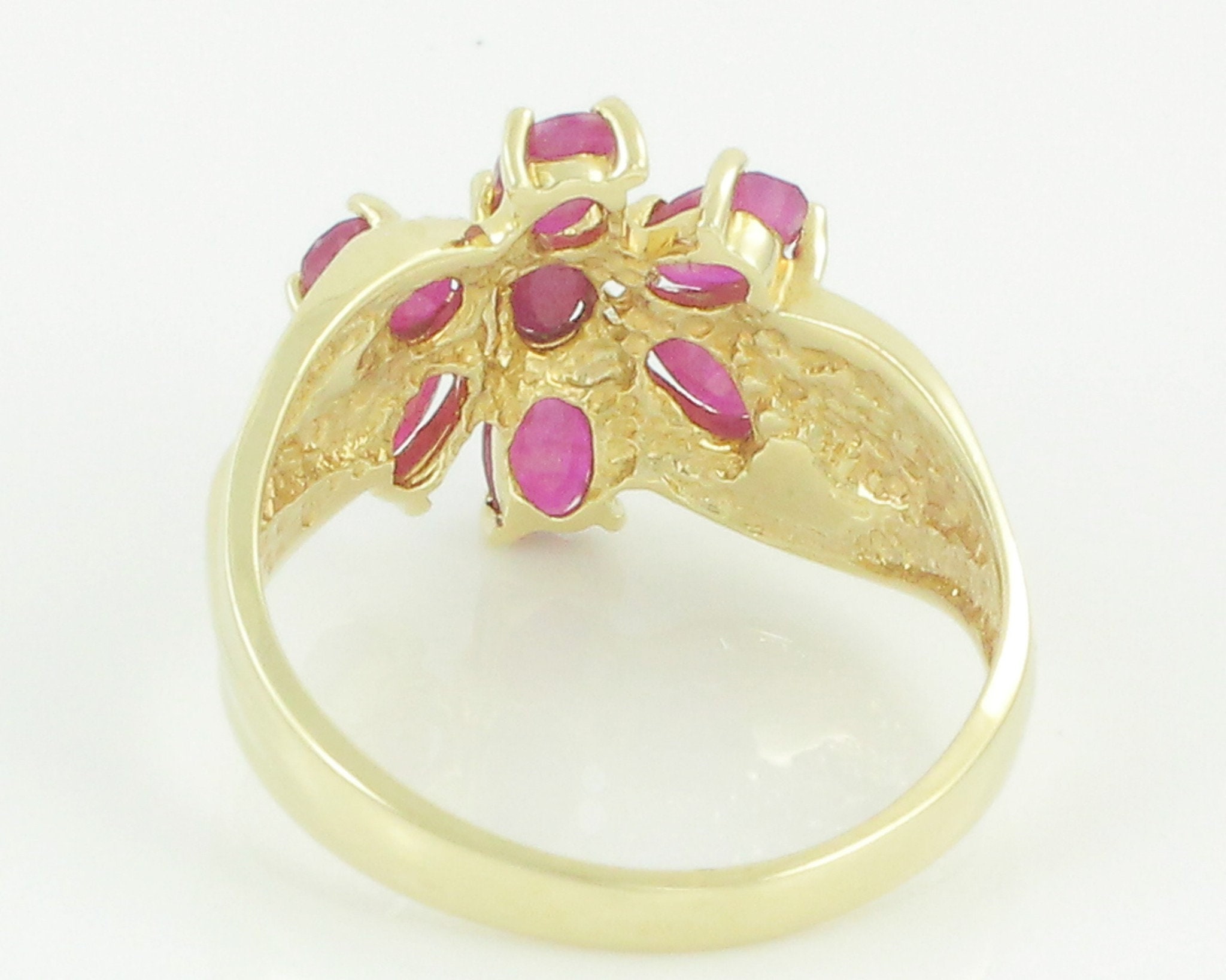 Ruby Flower Gold Ring 10K Yellow Gold Enhanced Ruby Flower Cluster Ring Size 8 1980s Vintage