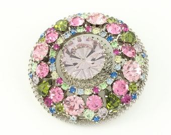 Vintage Austrian Multi Color Rhinestone Brooch Silver Tone Ribbon Frame, Austrian Rhinestone Pin c1950, Vintage Brooch, Vintage Jewelry