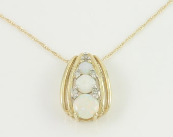 Vintage 10K Lab Created Opal Diamond Necklace Pendant, 1990s Gold Opal Diamond Necklace, Modernist 10K Opal Diamond Necklace,Vintage Jewelry