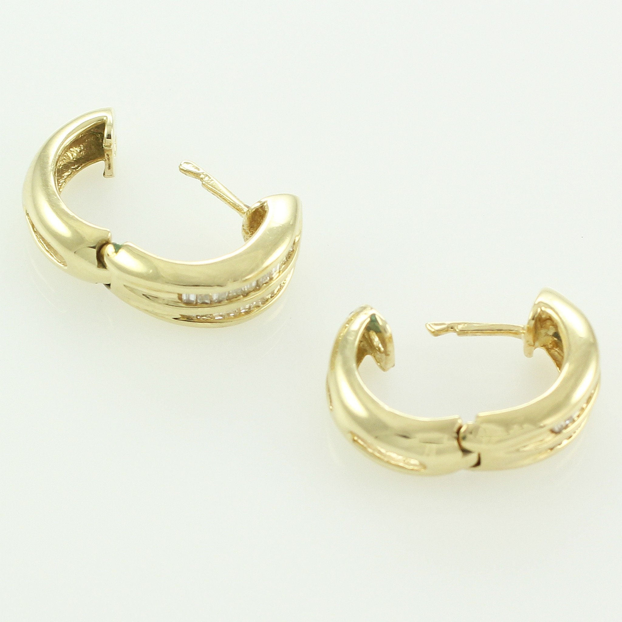 14K Baguette Natural Diamond Huggie Earrings - Yellow Gold Hinged Hoops ...