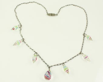 Vintage Art Deco Iris Glass Rainbow Crystal Dangle Sterling Chain Necklace, 1920s Czech Iris Crystal Briolette Necklace, Vintage Jewelry