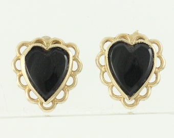 Vintage 14K Black Onyx Heart Earrings, 14K Scalloped Gold Onyx Heart Stud Earrings, 1980s Black Heart Earrings 14K Gold, Vintage Jewelry