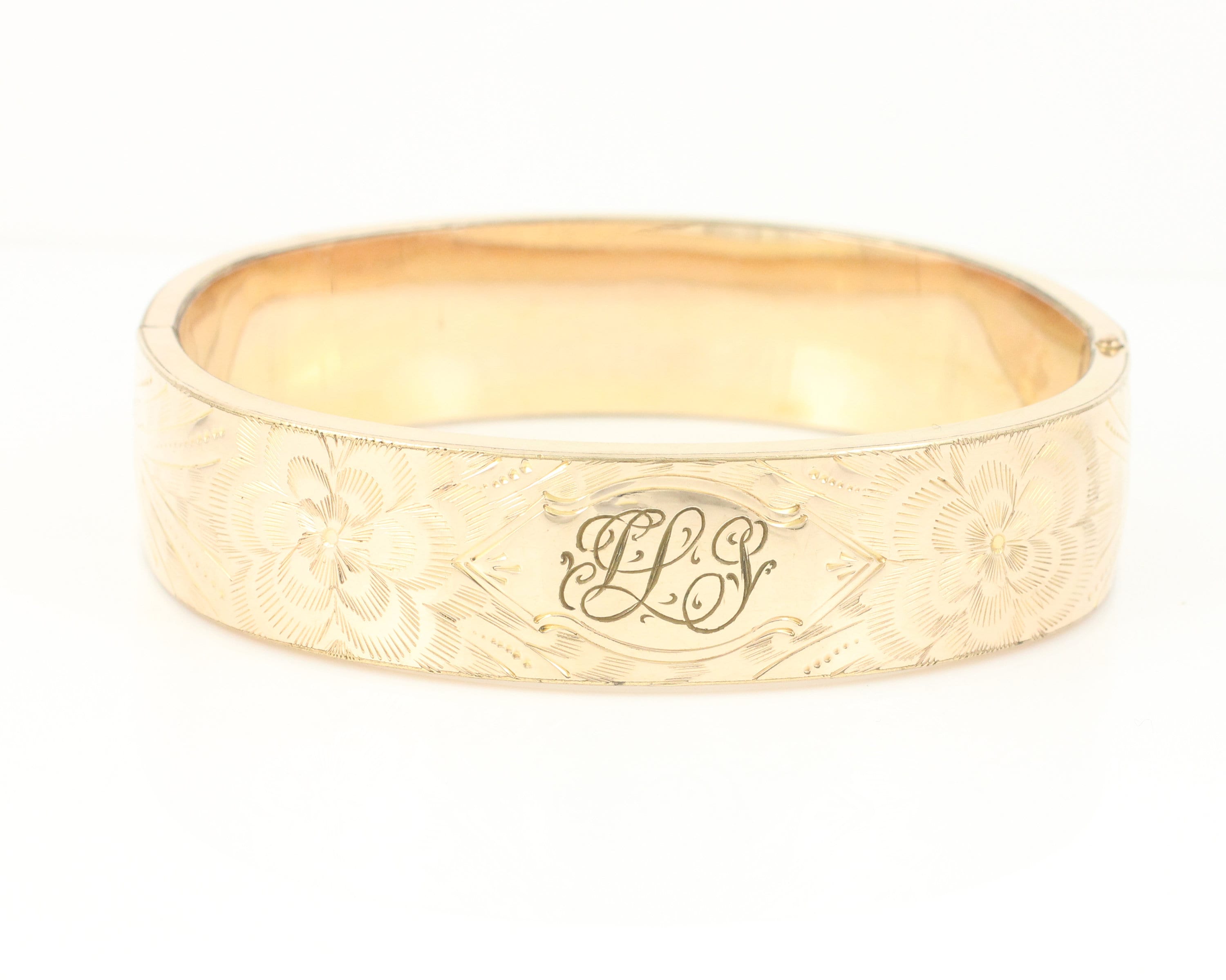 Antique Engraved Gold Fill Bangle Bracelet, Wide Victorian 12K GF