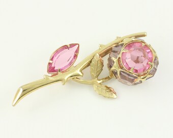 Vintage Pink Lavender Rhinestone Flower Brooch, 1960s Rhinestone Floral Pin, Pastel Crystal Flower Pin, Mid Century Brooch, Vintage Jewelry