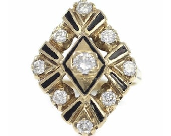 Vintage Diamond Enamel Ring, 14K Diamond Ring, 14K Gold .66 CT TW Diamond Enamel Ring, Vintage Size 5 Ring, Vintage Jewelry, Estate Jewelry