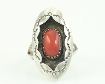 Vintage Coral Shadow Box Sterling Silver Ring, Southwestern Coral Silver Ring, Size 5.25 Coral 925 Silver Ring, Coral Ring, Vintage Jewelry
