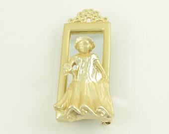 Vintage Girl Playing Dress Up Brooch, Gold Tone Lady in Mirror Pin, Gift for Mother of the Bride, 1980s AJC Mirror Brooch, Vintage Jewelry