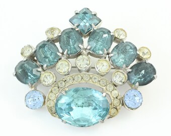 Vintage Joseph Wiesner NY Blue Rhinestone Brooch, 1950s Wiesner Rhinestone Crown Pin, Wiesner Brooch to Restore, Vintage Jewelry, AS IS