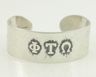 Vintage Phi Tau Omega Sterling Silver Cuff Bracelet, 925 Sterling Sorority Cuff, 925 Sterling Hammered Cuff, Vintage Estate Jewelry