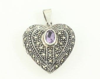 Vintage Sterling Marcasite Amethyst Heart Locket, 925 Silver Marcasite Amethyst Locket Pendant, Vintage Silver Heart Locket, Vintage Jewelry