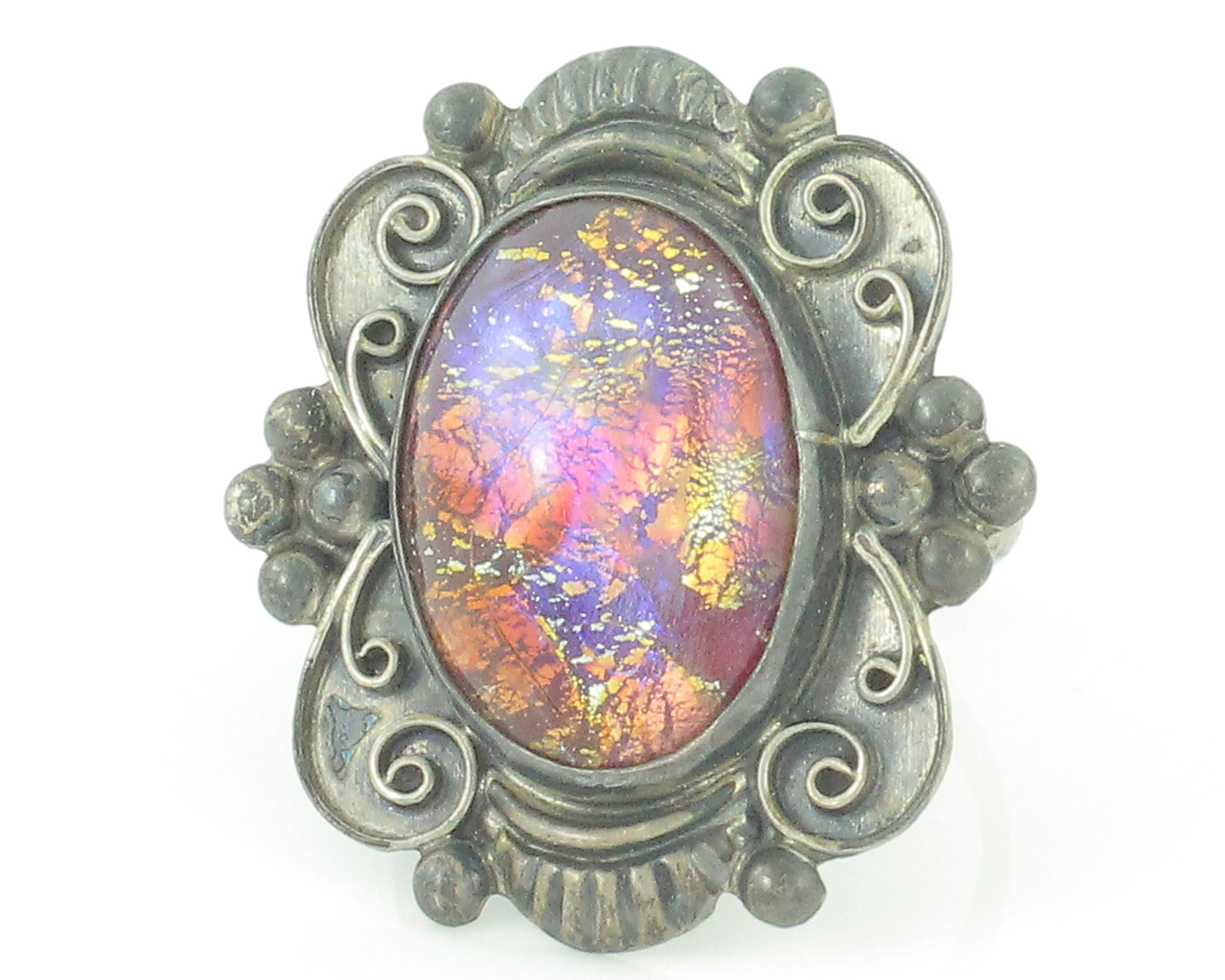 Mexican Sterling Foil Opal Glass Ring Scrolled Silver Ring Harlequin