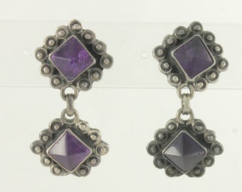 Vintage Sterling Amethyst Pyramid Dangle Earrings, 1980s Taxco Mexican 925 Sterling Silver Amethyst Pierced Earrings, Vintage Jewelry, AS IS