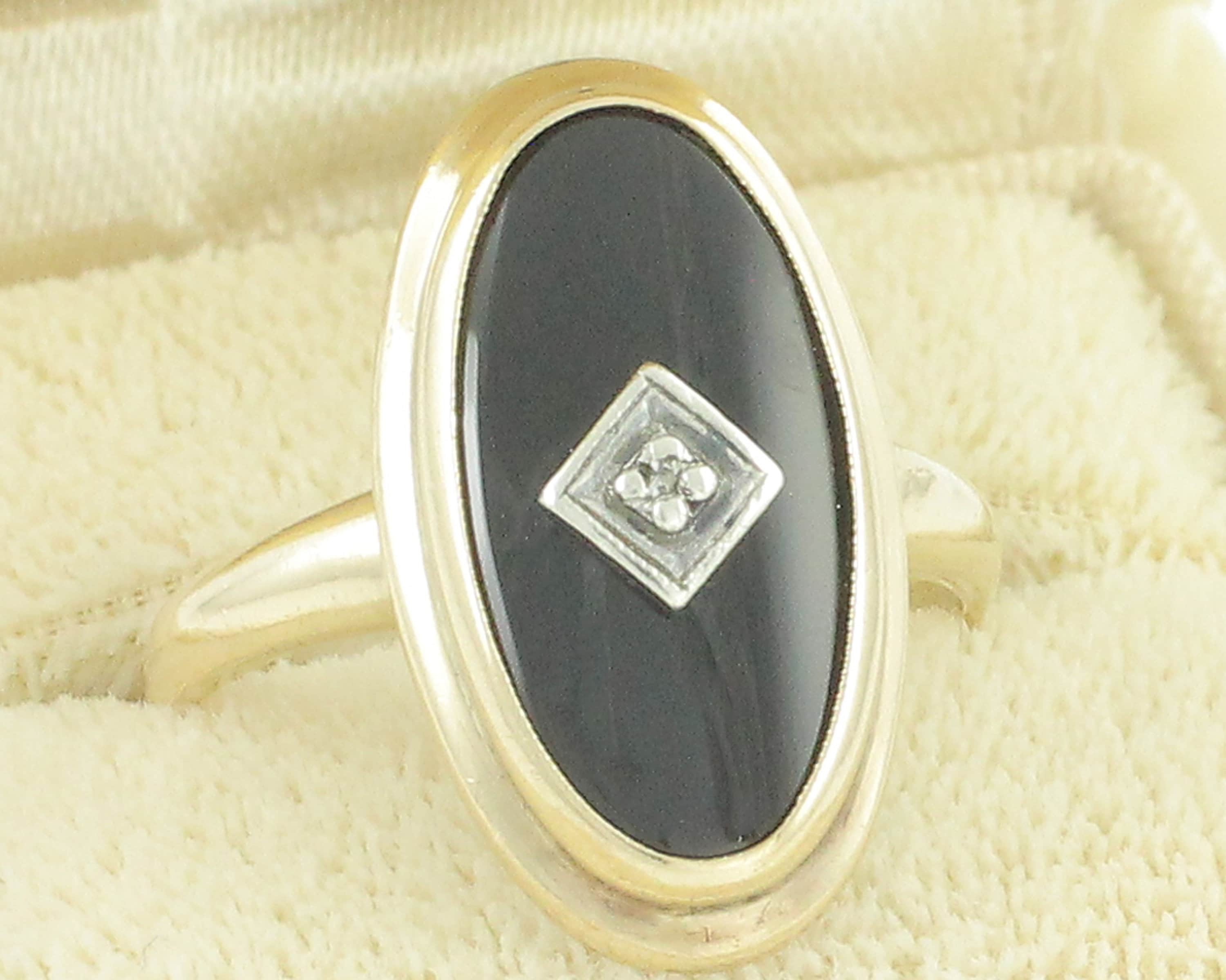 Vintage Onyx Diamond Ring 10k Yellow Gold Black Onyx Art Deco Ladies Ring Plainville Stock Co Size 4 75 Vintage Fine Jewelry
