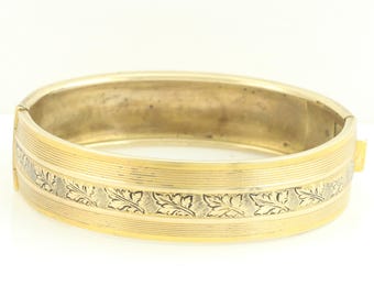 Vintage Embossed Leaf Bangle Bracelet - Gold Tone Edwardian Revival Hinged Bangle