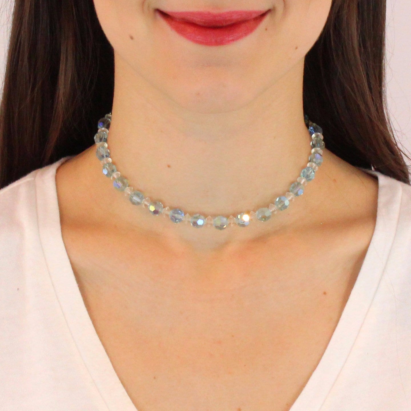 Vintage Pale Blue Clear Crystal Bead Necklace, 1960s Aurora Borealis Faceted Crystal Beaded