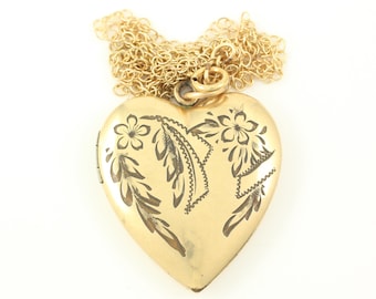 Vintage 12K Gold Filled Floral Engraved Heart Locket Necklace, Vintage 1940s Hearts and Flower Gold Fill Locket Necklace, Vintage Jewelry