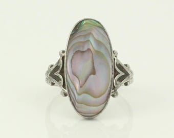 Vintage Abalone Sterling Silver Ring, 1940s Dainty Sterling Abalone Ring, Size 4 Abalone Silver Ring, 1940s 925 Silver Ring, Vintage Jewelry