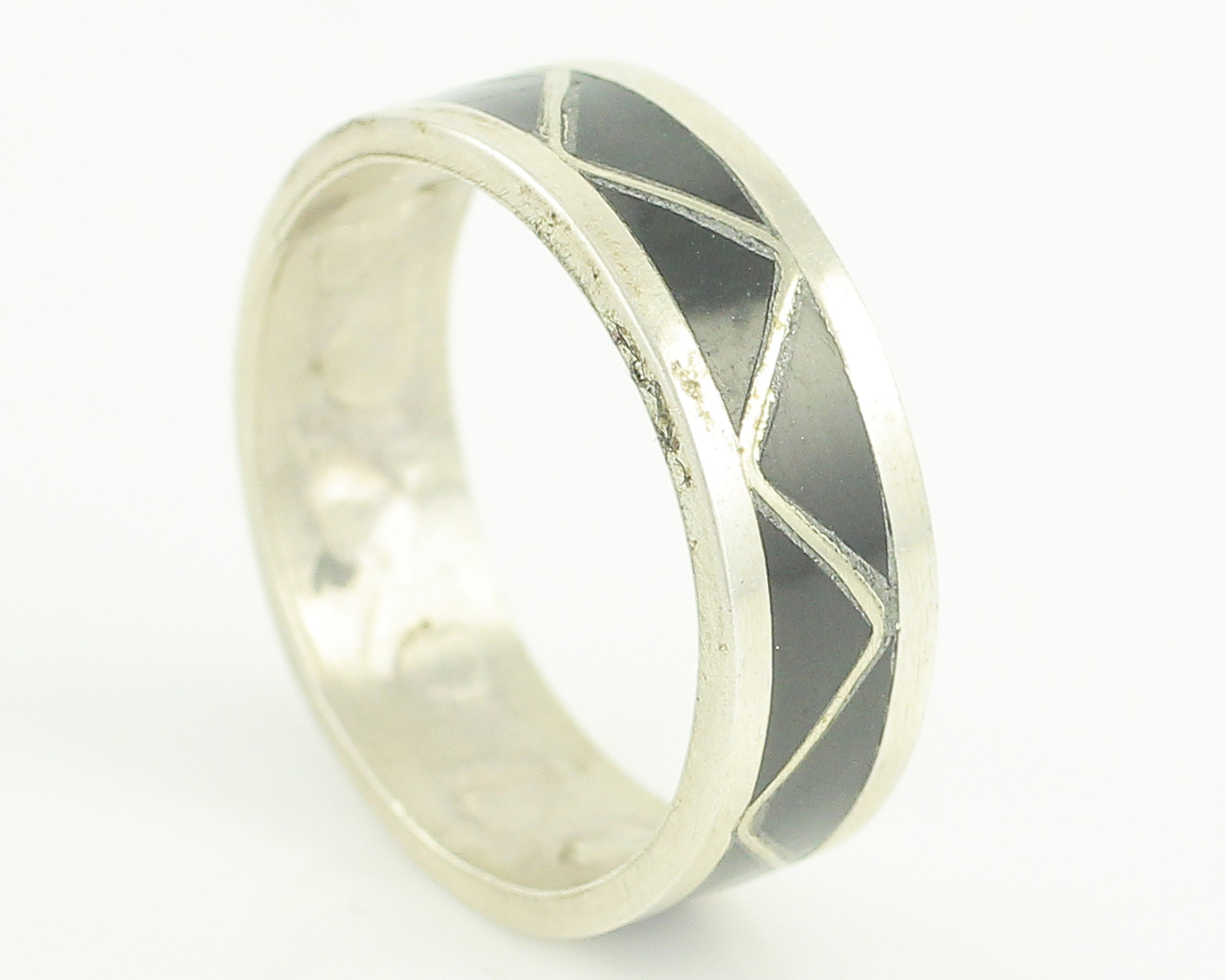 Vintage Sterling Silver Black Onyx Inlay Triangle Wedding Band Ring