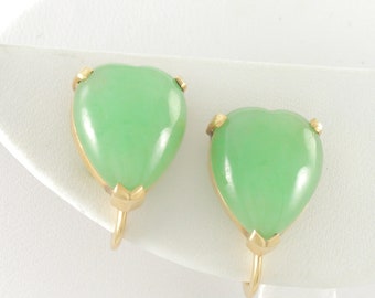 Vintage Jadeite Heart Earrings, 1950s 14K Jade Screw Back Earrings, 14K Rosy Gold Jade Heart Earrings, Mid Century Earrings, Vintage Jewelry