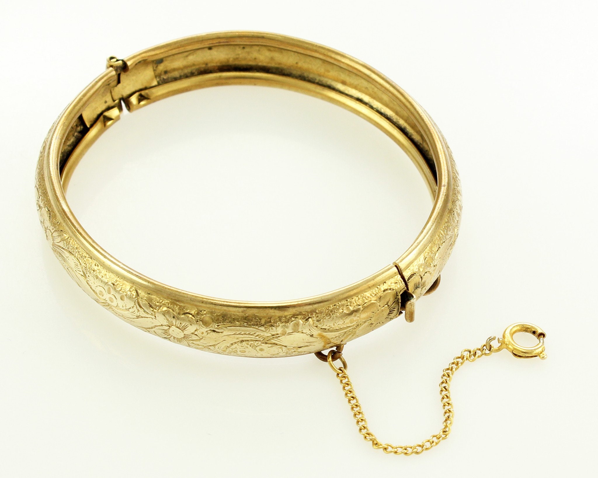 Vintage Floral Hinged Bangle Bracelet Goldtone 1950s Bracelet