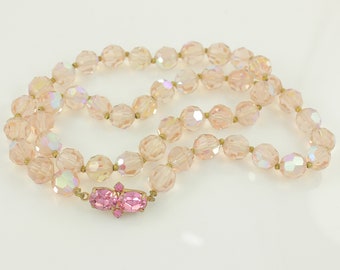 Vintage Pink Aurora Borealis Crystal Bead Necklace, Vintage Pink Crystal Necklace, Vintage Pink AB Faceted Crystal Beads, Vintage Jewelry