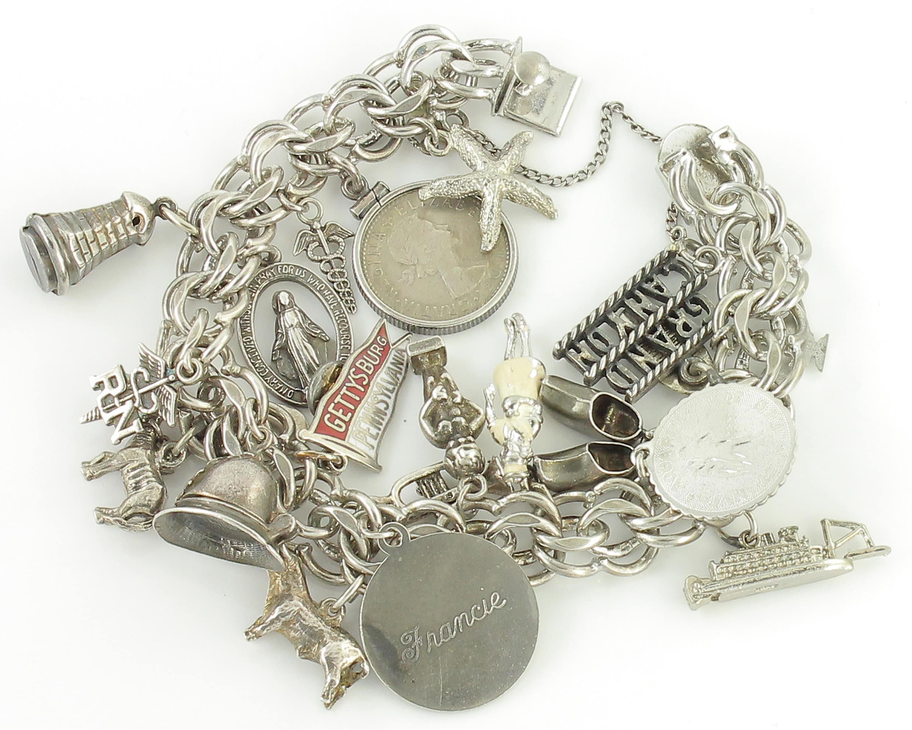 Sterling Silver Charm Bracelet With 12 Charms, Safety Clasp, Mid Century,  1960's Vintage, Fun to Wear, Instant History, Excellent Condition -   Israel