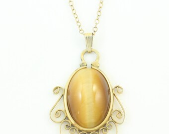 Vintage Tigers Eye 12K Gold Filled Pendant Necklace, Vintage Tiger Eye Filigree Pendant, 1960s 12K GF Tigers Eye Necklace, Vintage Jewelry