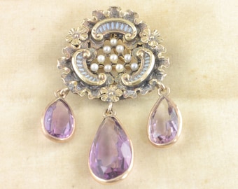 Victorian 18K Girandole Amethyst Enamel Pearl Pin Pendant - Antique Yellow Gold Ornate Flower Lattice Brooch - 9.9g 1895 - Vintage Jewelry